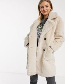 QED London double breasted teddy coat in stone   ASOS at Asos